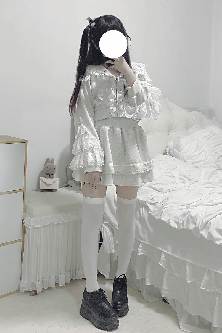 Grey [Heartbeat Rhythm] Long Sleeves Ruffle Lace Hooded Jirai Kei Japanese Skirt Set