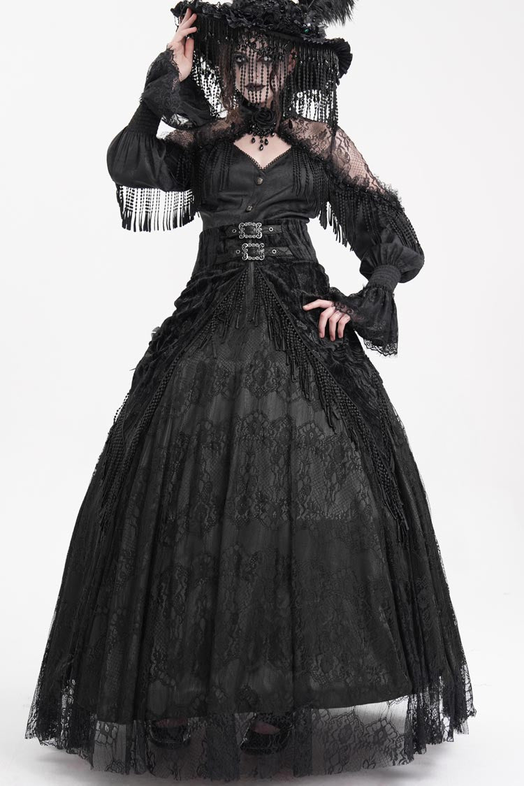 ブラックプリント刺繍タッセルバックルアップレースアップレディースゴシックロングスカート