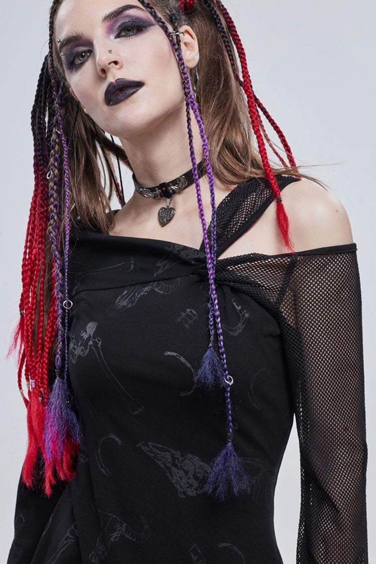 Black Gothic Off-The-Shoulder Graphic-Print Asymmetric Design Splicing Mesh Women's Dress