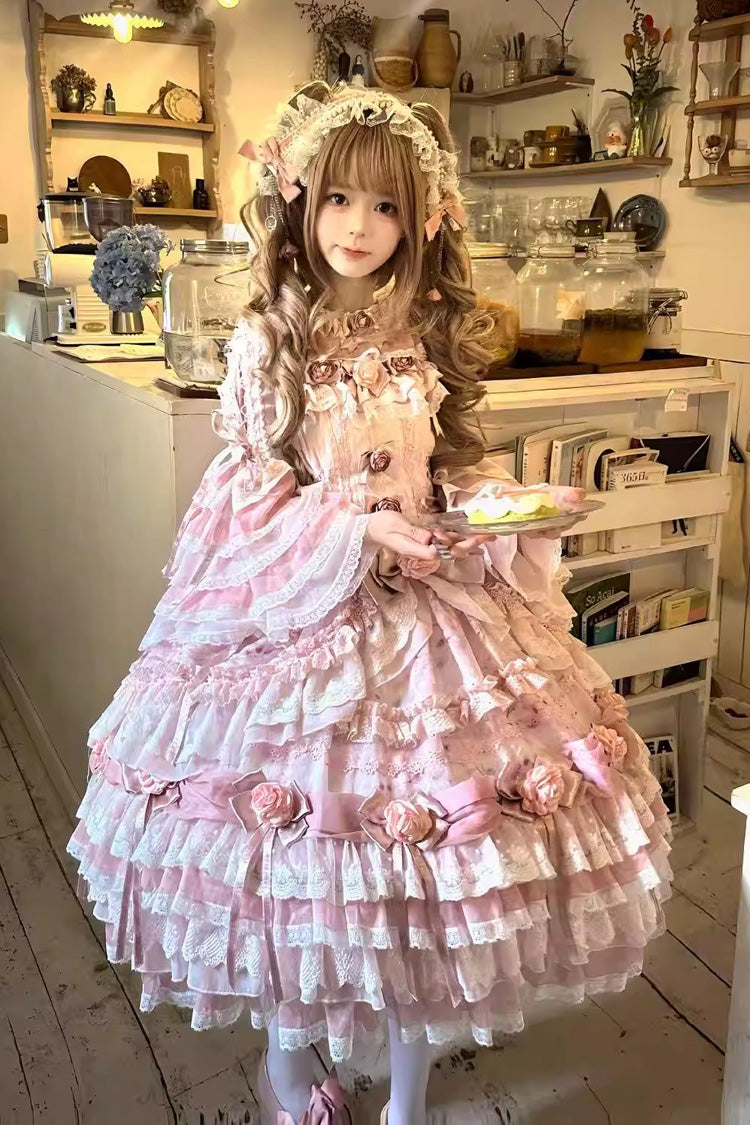 Pink [Rose Manor] Multi-Layered Ruffled Bow Lace Sweet Gorgeous Lolita Jsk Dress