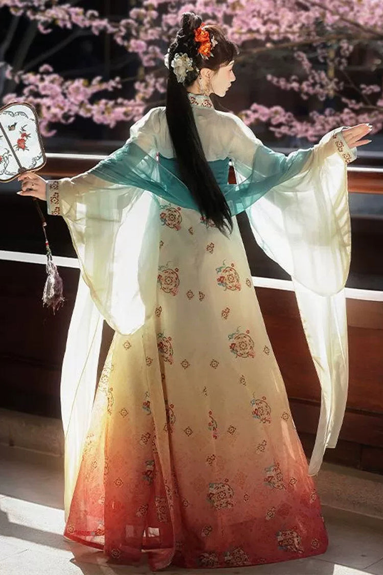 Blue/Pink High Waisted Print Embroidery Women's Classic Hanfu Dress Full Set