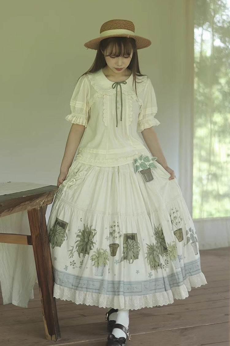 Ivory [Potted Plant] Print Ruffle Sweet Lolita Skirt