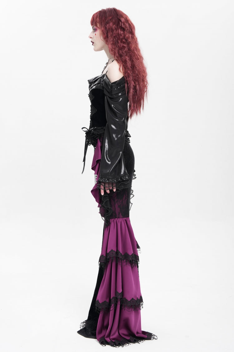 Purple Floral Print Lace-Up Rose Chain Women's Gothic Fishtail Skirt