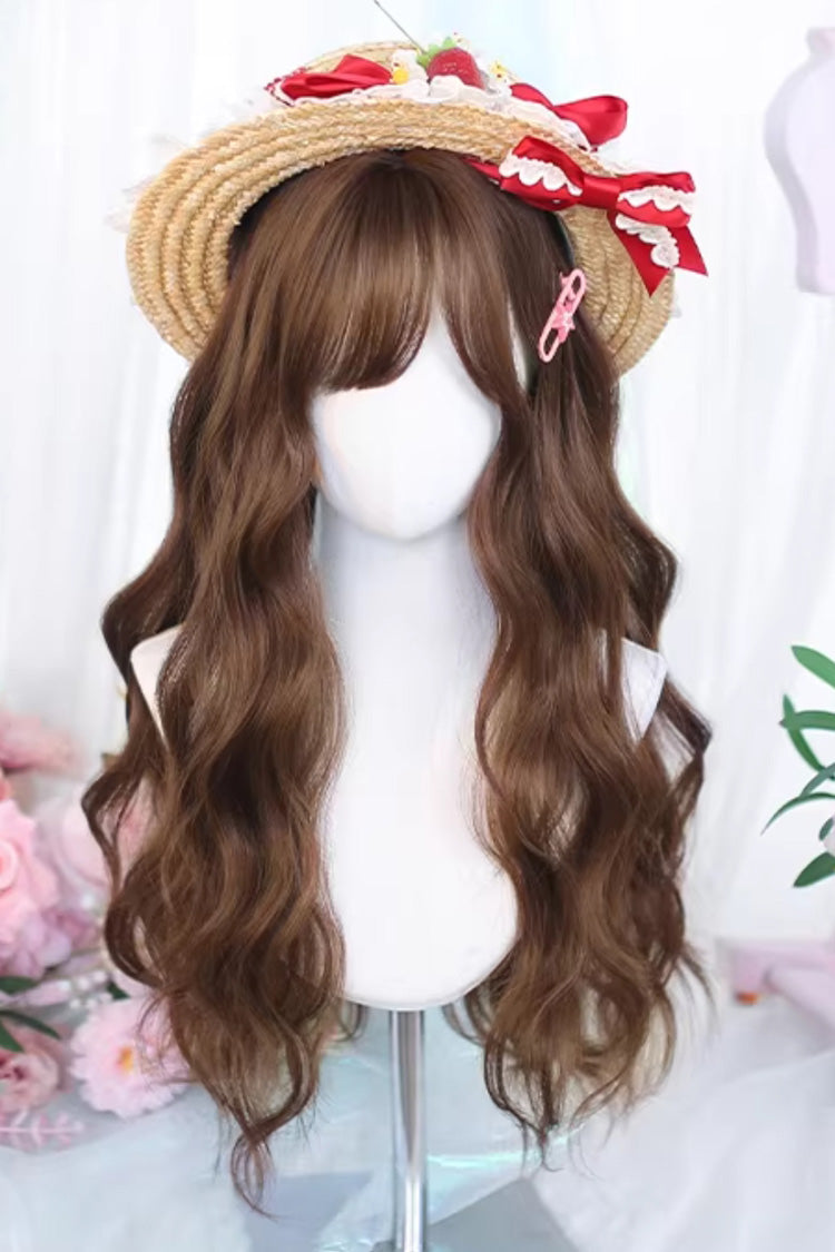 Perruque Lolita douce quotidienne ondulée de style japonais marron chaud avec une frange légère et aérée