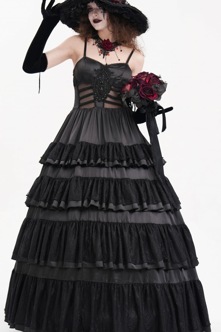 Black Multi-Layered Ruffle Lace-Up Mesh Women's Gothic Dress