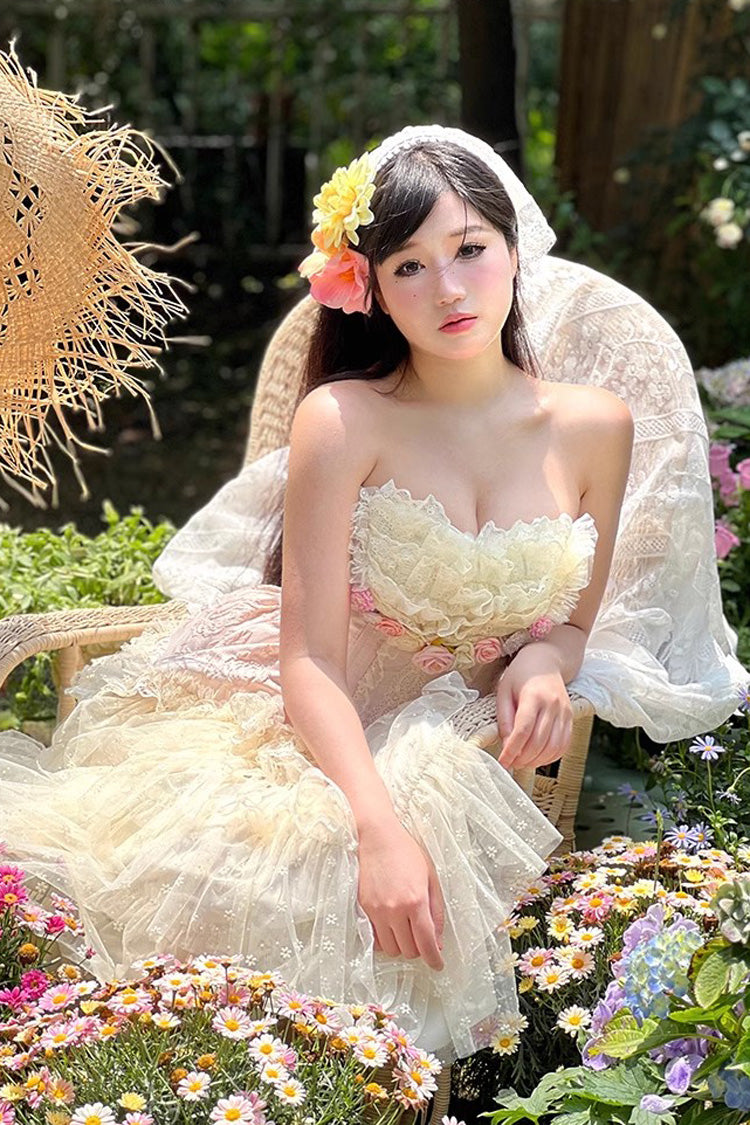Pink Flower Goddess of Love Ruffle Bowknot Lace Sweet Elegant Lolita Maxi Skirt Dress Set