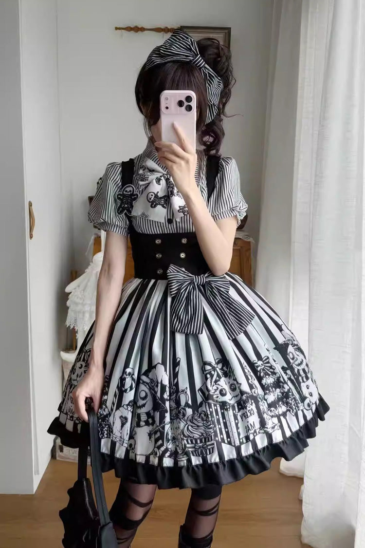 Schwarz/Weiß [A Weird Christmas] Ärmelloses, bedrucktes, gerüschtes Gothic-Lolita-JSK-Kleid