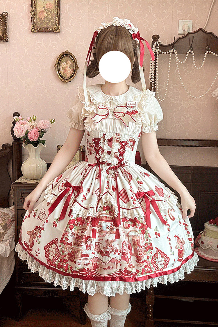 Ivory/Red [Strawberry Bear] Sleeveless Print Ruffle Embroidery Bowknot Lace Sweet Lolita Jsk Dress