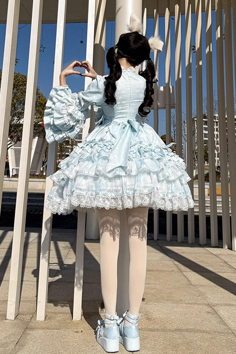 Blue [The Soloist Doll] Long Hime Sleeves Multi-Layered Print Ruffle Bowknot Asymmetric Sweet Lolita Dress