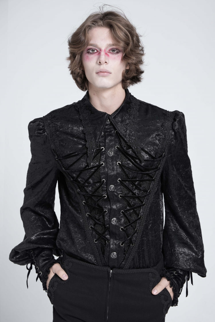 Schwarze lange Puffärmel Jacquard-Spitzen Herren Gothic Bluse 