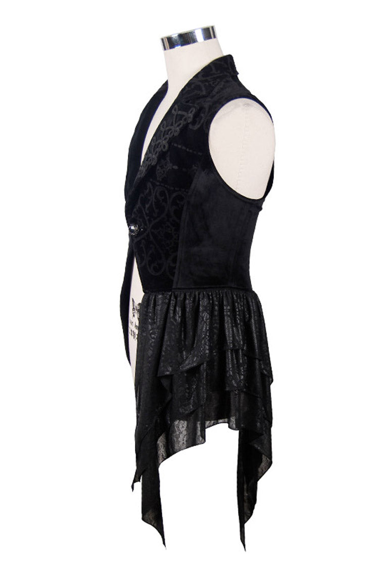 Black Spun Velvet Chinese Frog Button Floral Spiral Pattern Asymmetrical Hem Lace Up Men's Gothic Waistcoat