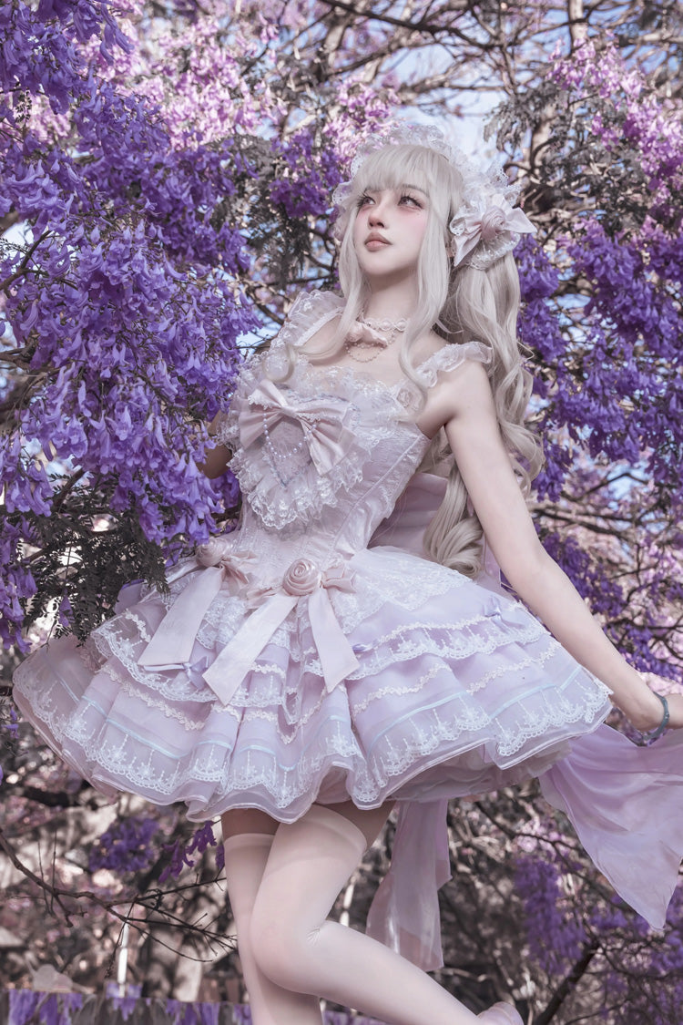 Lila [Crystal Isle] ärmelloses mehrlagiges Jacquard-Rüschenschleife-Kleid mit quadratischem Kragen und süßem Balletcore-Lolita-Stufenkleid