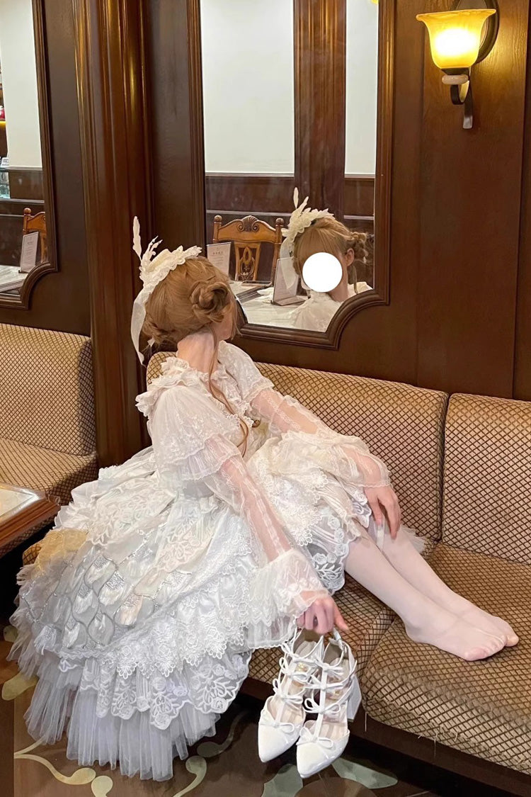 White [Peacock Feather] Multi-Layered Ruffle Hanayome Cardigan Bowknot Lace Sweet Lolita Jsk Dress Set