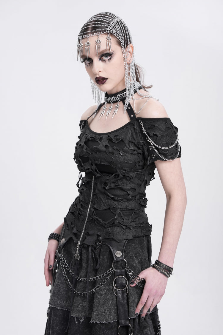 Black Off Shoulder Halterneck Ripped Women's Punk Blouse