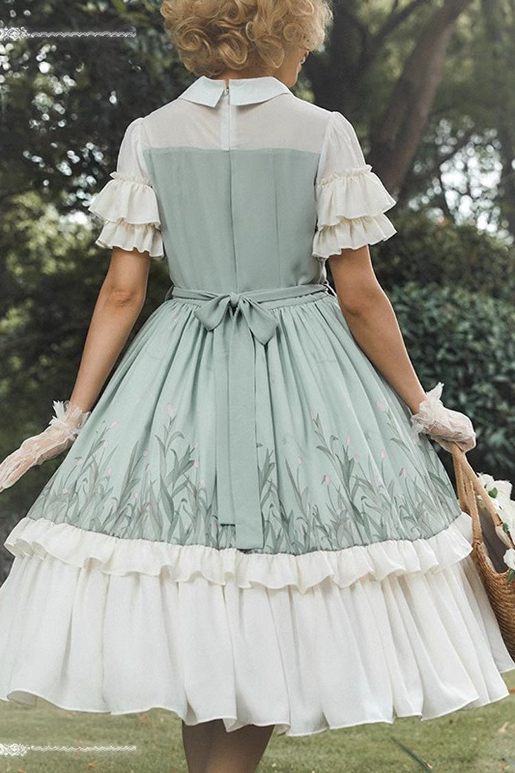 White/Green Lapel Collar Wizard Of Oz Short Sleeves Ruffle Bowknot Sweet Lolita Dress