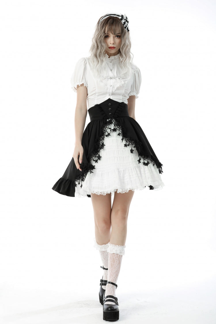 Weiße Gothic-Bluse mit kurzen Puffärmeln und gerüschtem Ausschnitt
