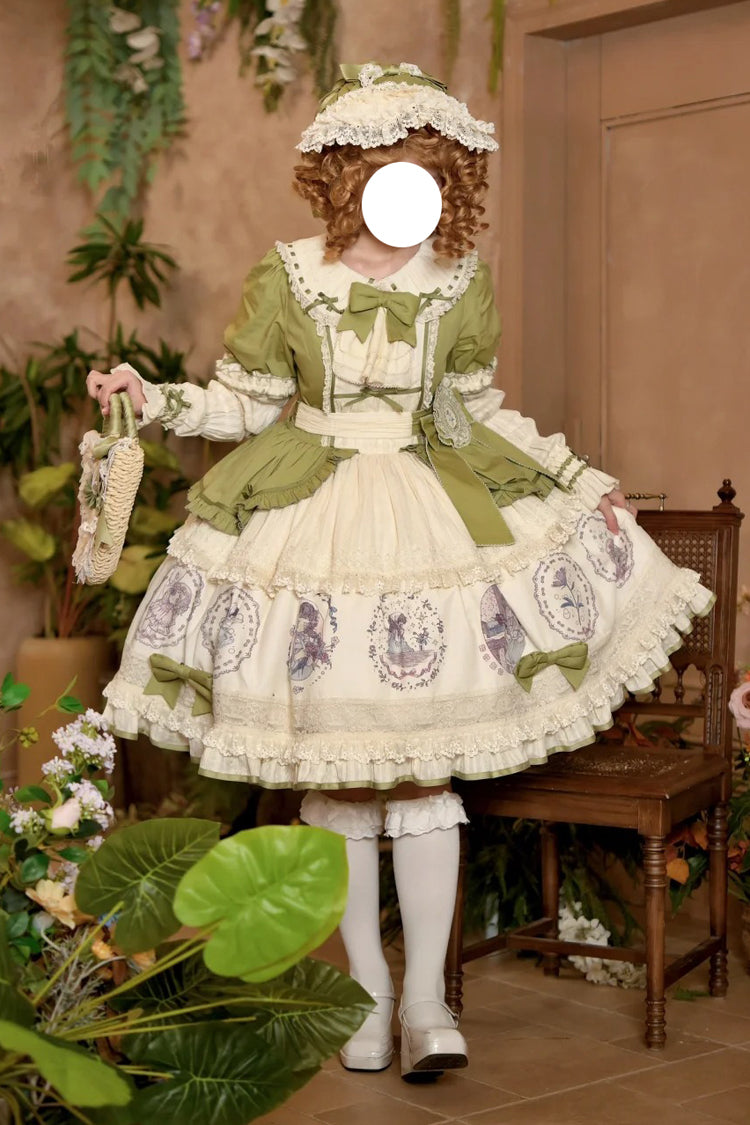 Green [Little Ida's Flowers] Short Sleeves Print Ruffle Bowknot Sweet Lolita Dress