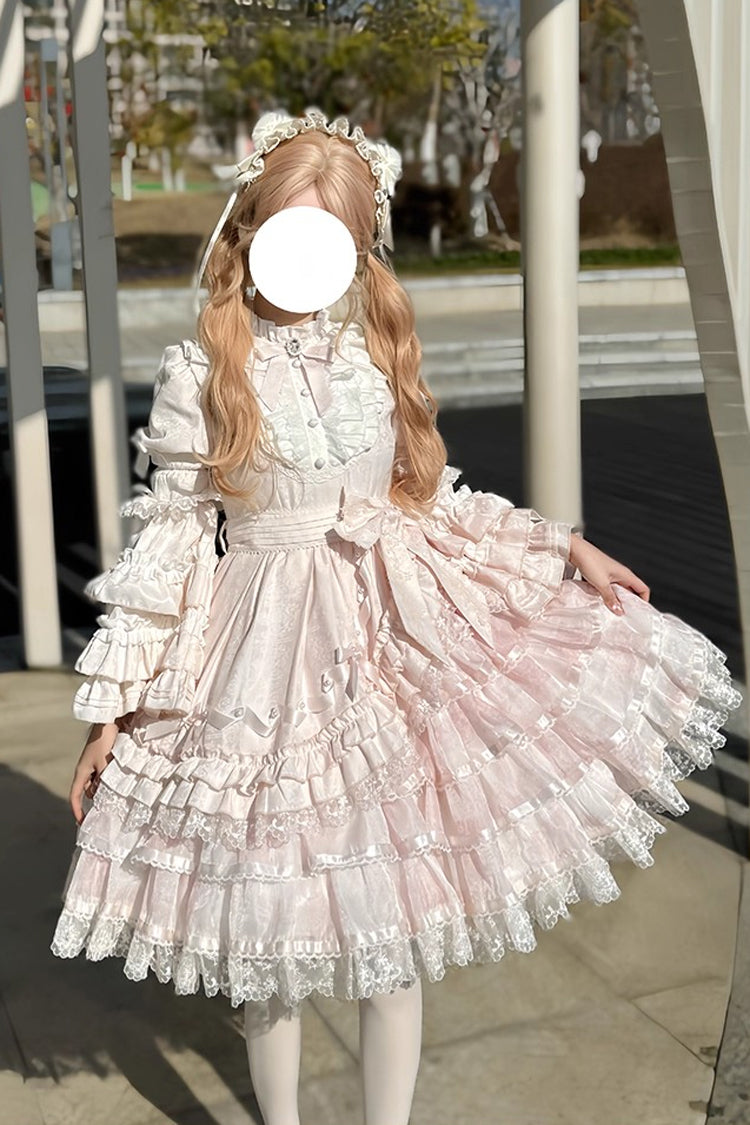 Pink [The Soloist Doll] Long Hime Sleeves Multi-Layered Print Ruffle Bowknot Asymmetric Sweet Lolita Dress