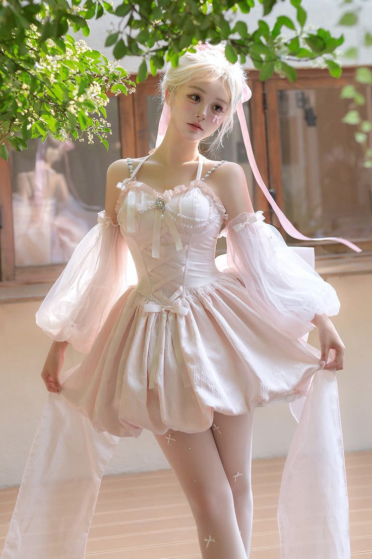 Pink [The Runaway Princess] Sleeveless Ruffle Bowknot Lace-Up Sweet Lolita Jsk Tulip Dress Set
