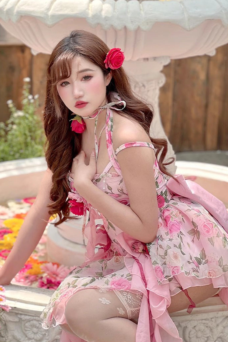 Pink Multi-Color Rose Print Sleeveless Short Version Sweet Lolita Strapless Dress