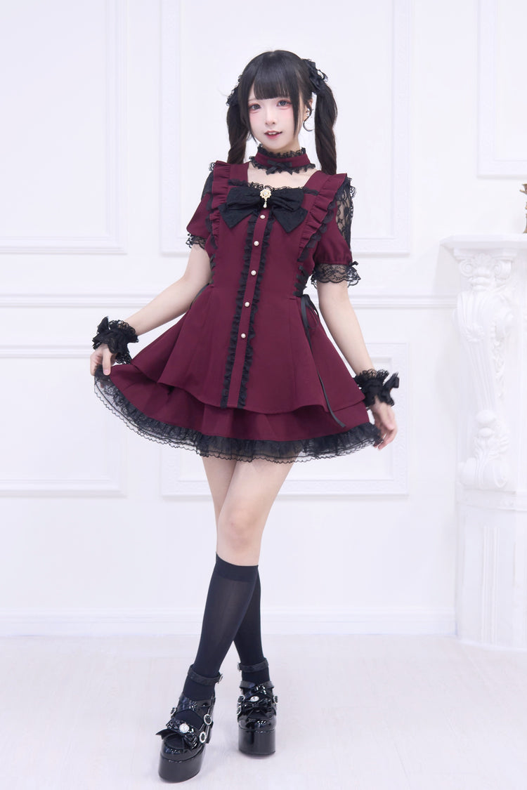 Red [Waltz] Short Sleeves Ruffle Bowknot Gothic Jirai Kei Japanese Dress Set