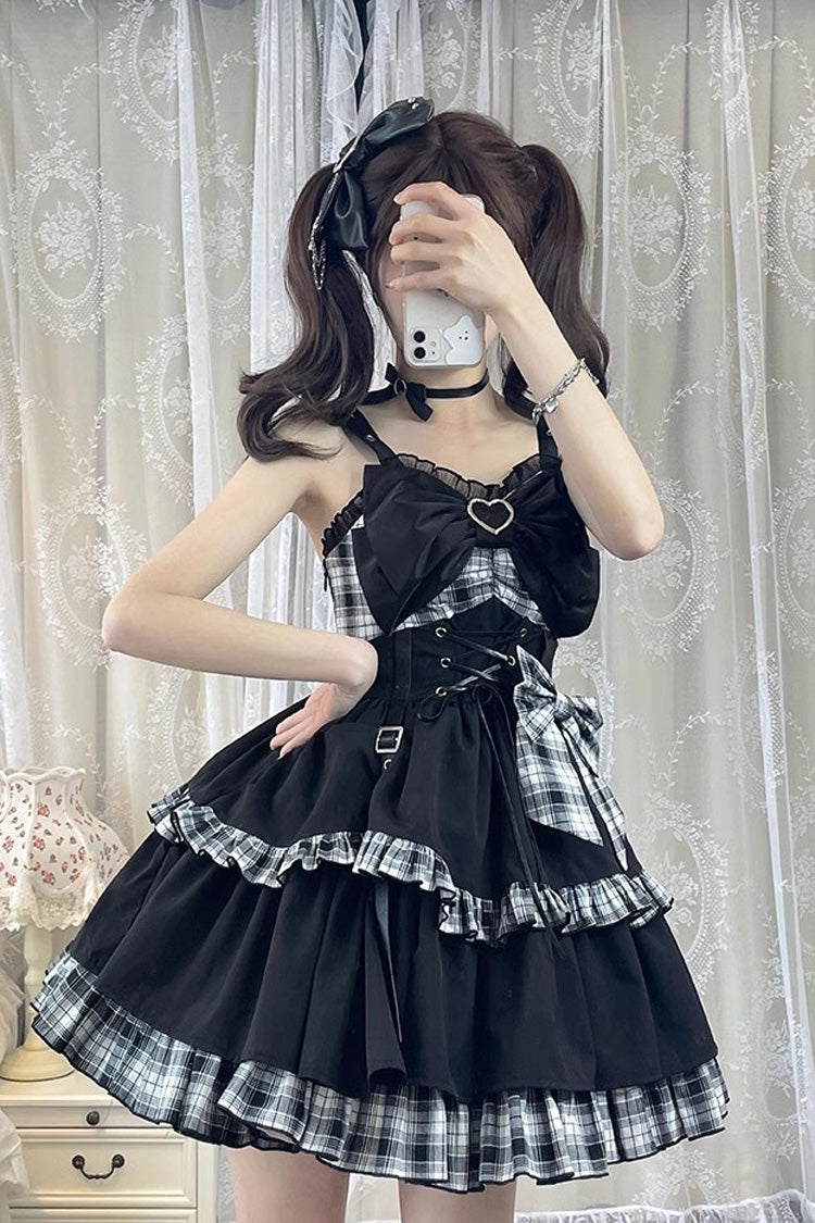 Black/White Plaid Print Color Contrast Leather Buckle Bowknot Ruffle Gothic Lolita JSK Dress