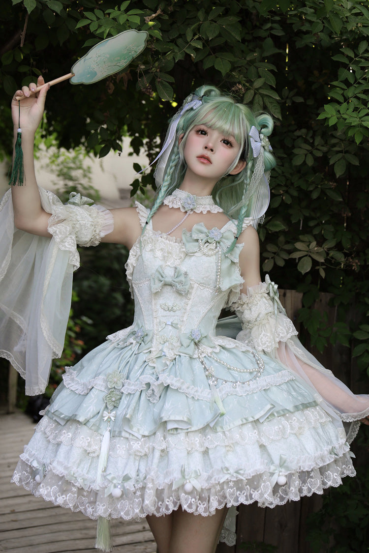 Vert [Prélude de la cerise du printemps] Col carré sans manches multicouches en jacquard à volants avec nœud en dentelle décorée de perles Sweet Lolita Jsk Robe