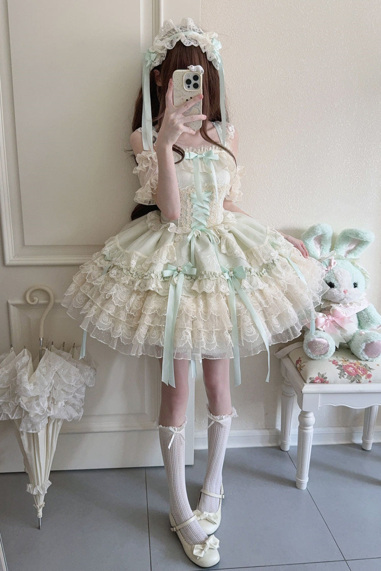 Green [Ribbon Heart Love] Sleeveless Multi-Layered Ruffle Bowknot Lace Lace-Up Sweet Princess Ballet Lolita Jsk Dress