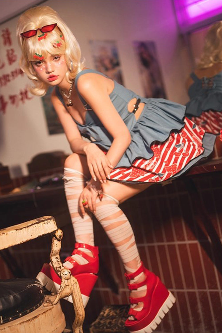 Blue [Cherry] Sleeveless Triple-Layered Print Ruffle Bowknot Denim Sweet Japanese Vintage Lolita Jsk Dress