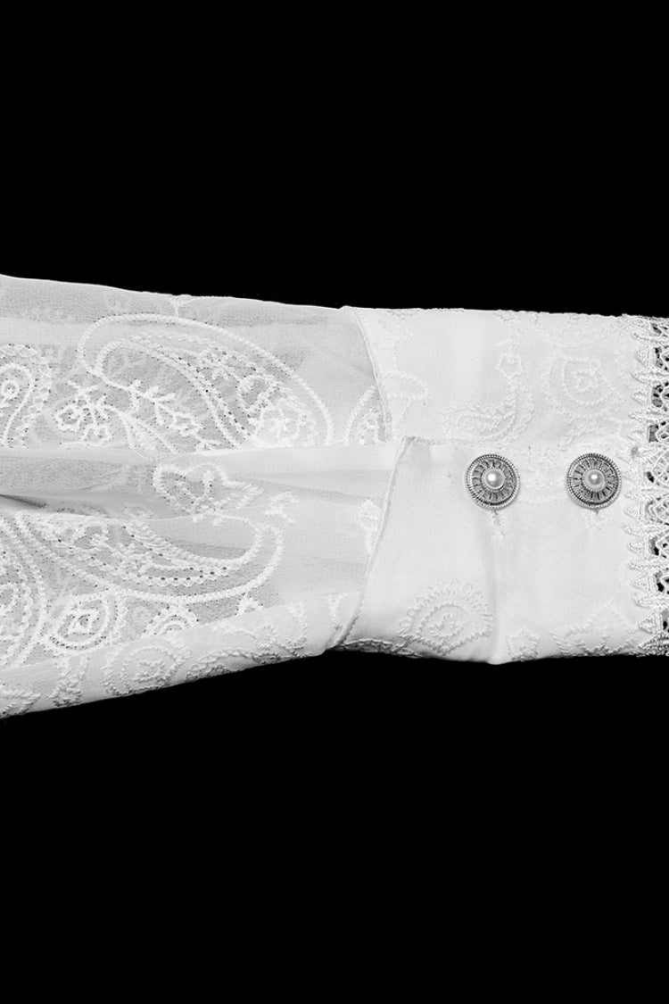 White Stand Collar Long Sleeves Ruffle Embroidery Men's Gothic Blouse
