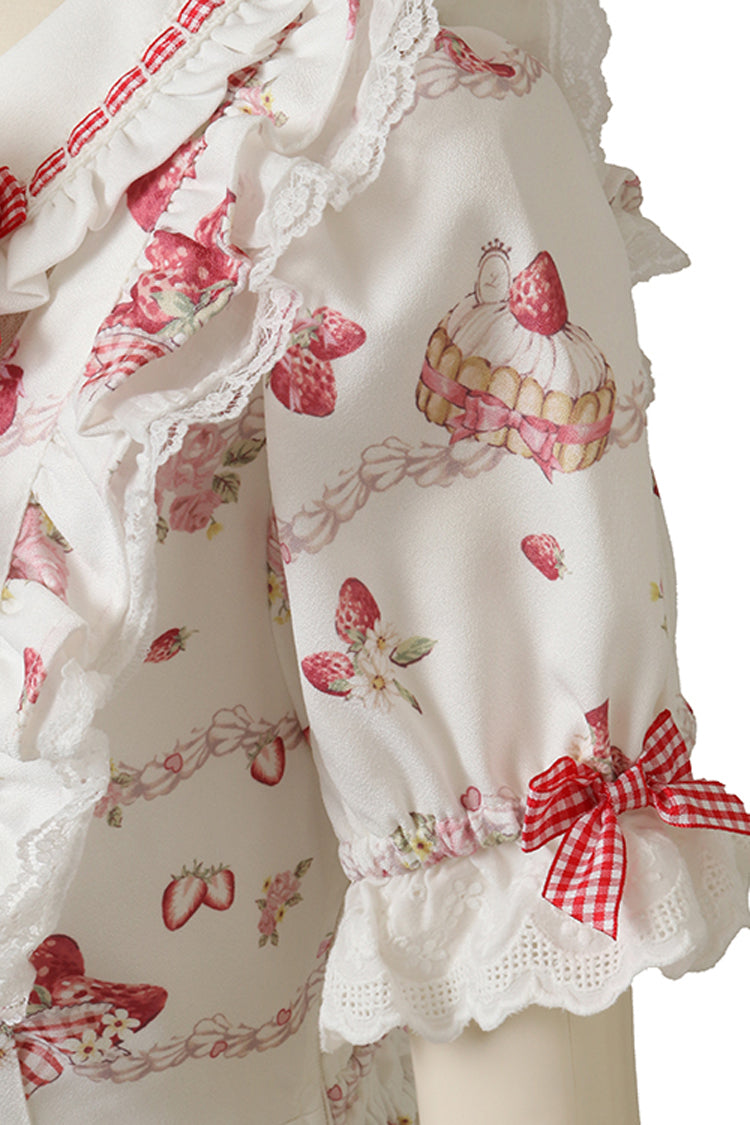 White [Creamy Berry] Print Short Puff Sleeves Ruffle Bowknot Lace-Up Sweet Jirai Kei Japanese Dress