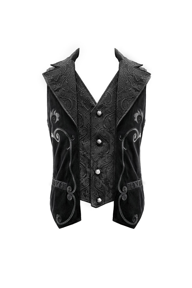 Black Fake Two Piece Leather Embroidered Swallow Tail Hem Men's Gothic Waistcoat