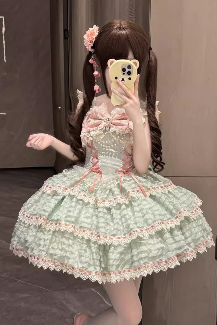 Green [Song of Floral Letters] Sleeveless Triple-Layered Bowknot Lace-Up Sweet Lolita Jsk Dress