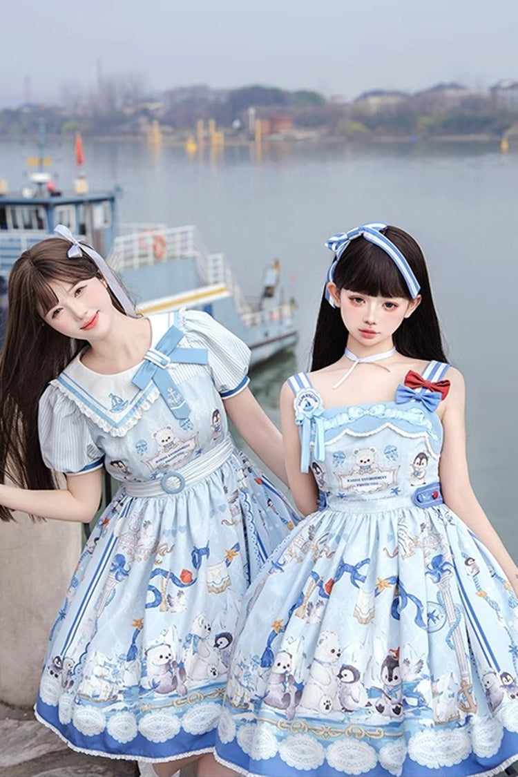 Blue [Penguin Navy] Short Sleeves Print Ruffle Bowknot Sweet Princess Lolita Dress