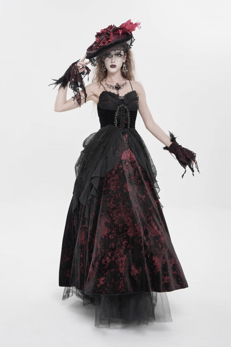 Schwarz/rotes, ärmelloses, mehrschichtiges Hanayome-Spitzen-Schnürkleid für Damen im Gothic-Stil, bedrucktes Slip-Kleid mit Quasten und Schnürung