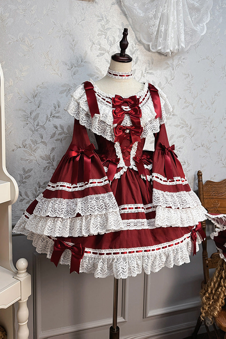 Wine Red [Rabbit Sleeping Doll] Long Trumpet Sleeves Ruffle Bowknot Lace Sweet Lolita Dress