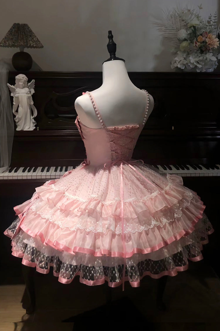 Pink [Gem Love] Sleeveless Triple-Layered Ruffle Bowknot Lace Sweet Ballet Lolita Jsk Dress