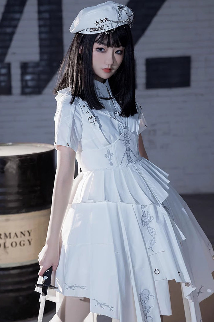 Weißes, kurzärmliges Lolita-Kleid mit Print im Gothic-Stil von Travelling Thorns