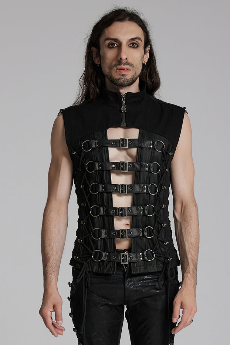 Black Cut-Out Buckled Strappy Spaghetti Men's Punk Vest