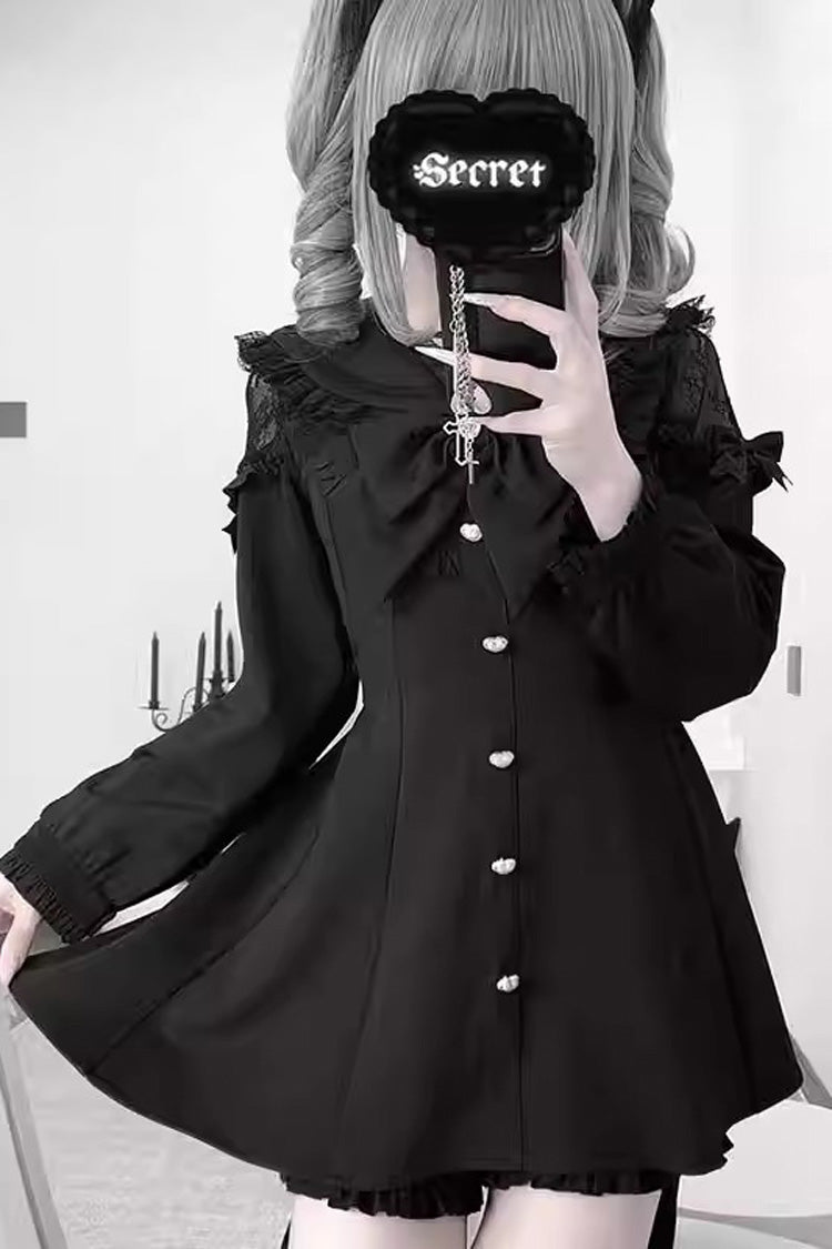 黒 [Night Glaze] 長袖 フリル リボン ゴシック 大きいサイズ 自来系 ドレスとショーツ セット