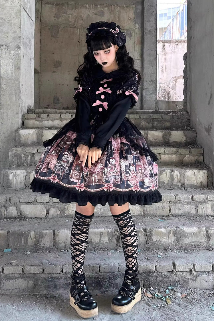 Noir [Le Cas de l'Agneau Disparu] Imprimé Manches Longues Volants Nœud Papillon Dentelle Robe Gothic Lolita 