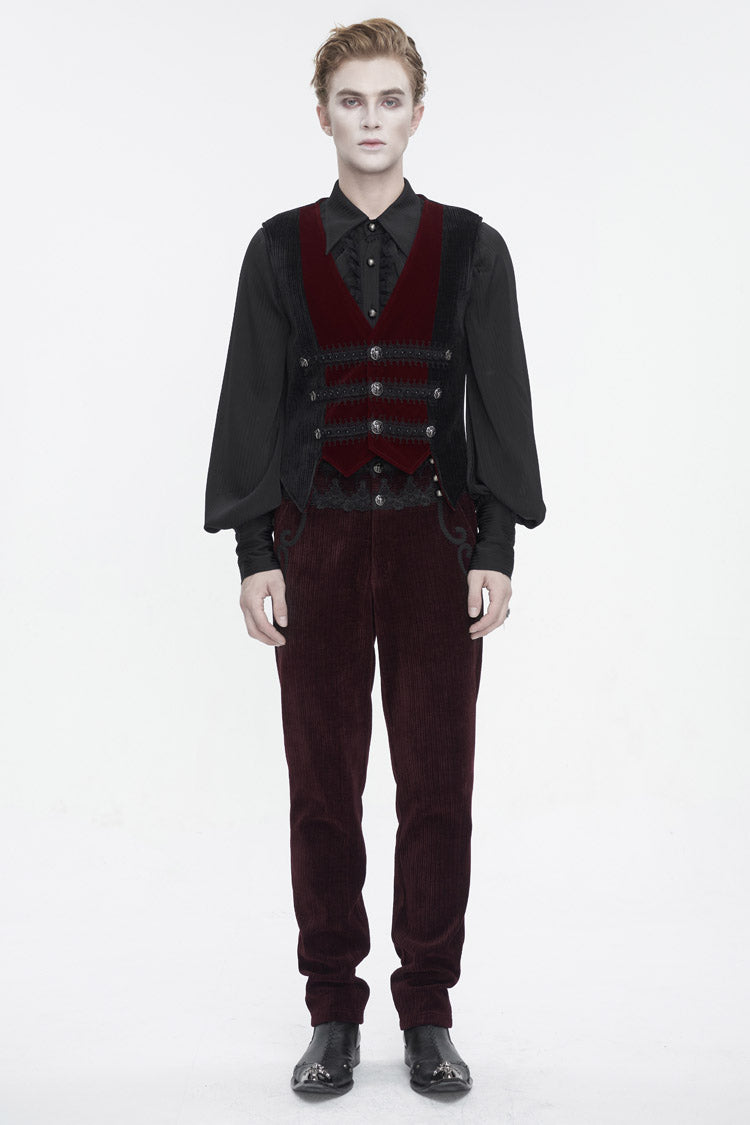 Black/Red Irregular Velvet Splice Corduroy Men's Gothic Waistcoat