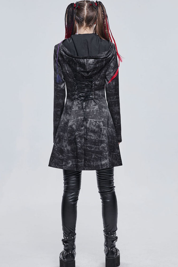 Gray Punk Pattern Pentagram Shape Design Metal D-Shaped Buckle Decoration Hooded Women's Coat