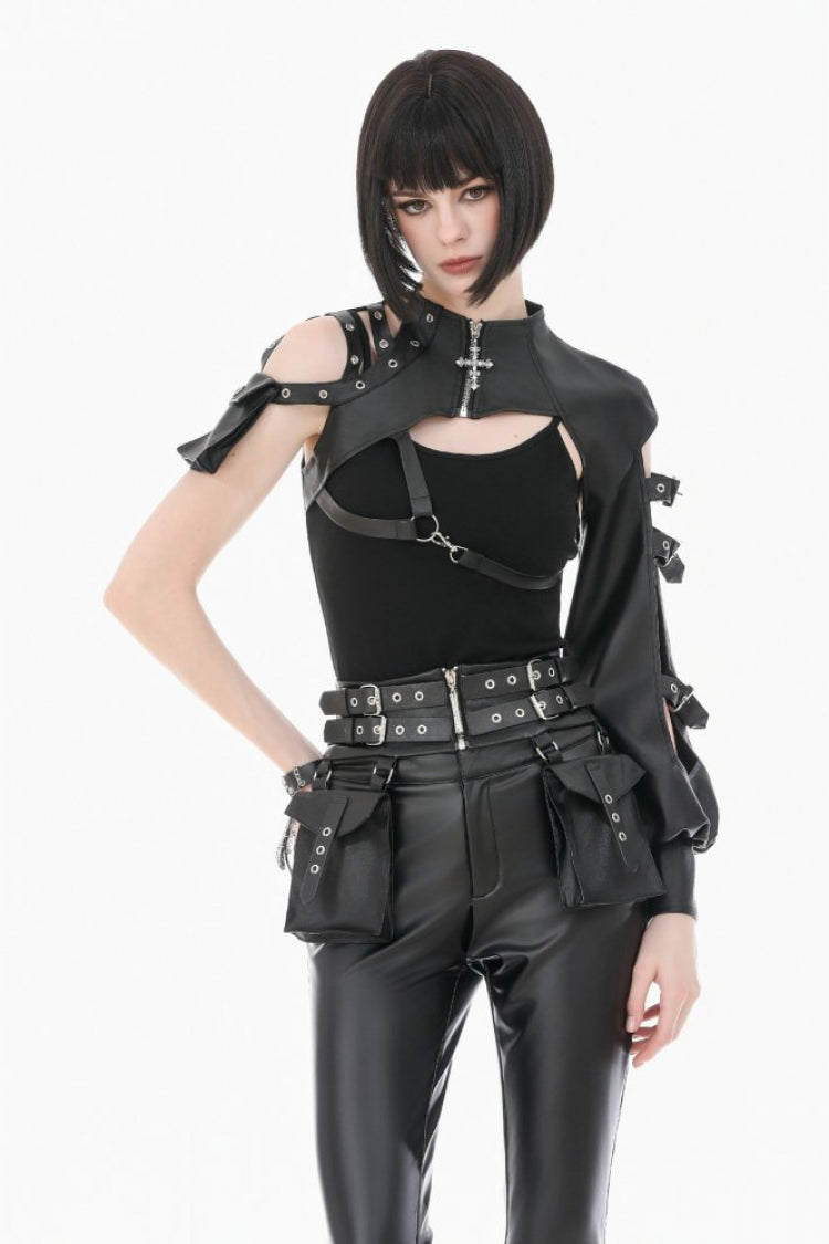 Ceinture en cuir punk pour femmes avec fermeture éclair et boucle à œillets noirs avec pochettes latérales