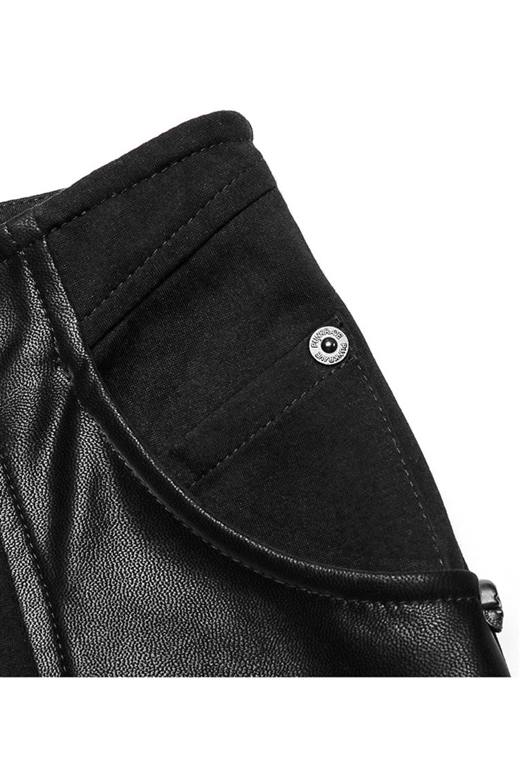ブラック ストレッチ ニット パネル フェイク レザー ウエストバンド ゴースト ボタン フレア レディース パンク パンツ