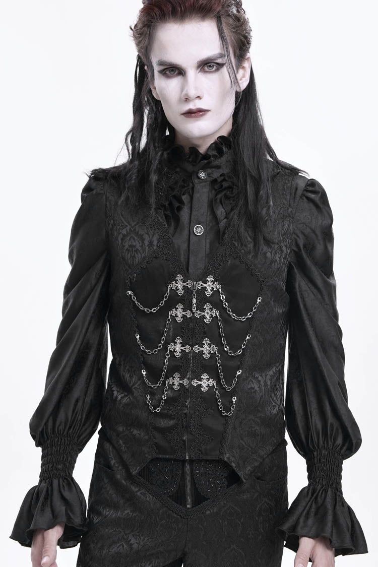 Black Sleeveless Jacquard Chain Buckle-up Men's Gothic Vest