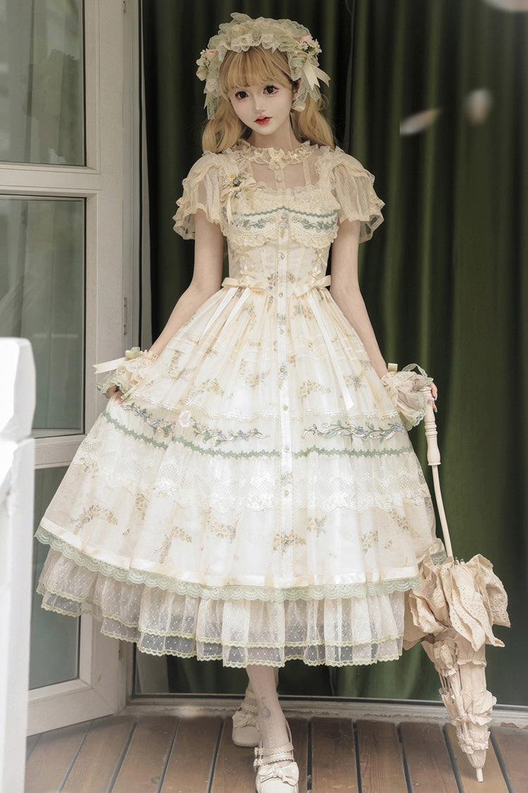 Multi-Color [Daisy Poetry] Print Ruffle Hollow Embroidery Lace Sweet Elegant Princess Lolita Jsk Dress