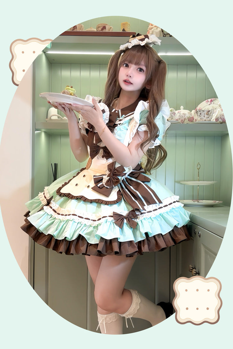 Cookies Kurzarm Maid Rüschen Bowknot Süßes Lolita Stufenkleid 2 Farben