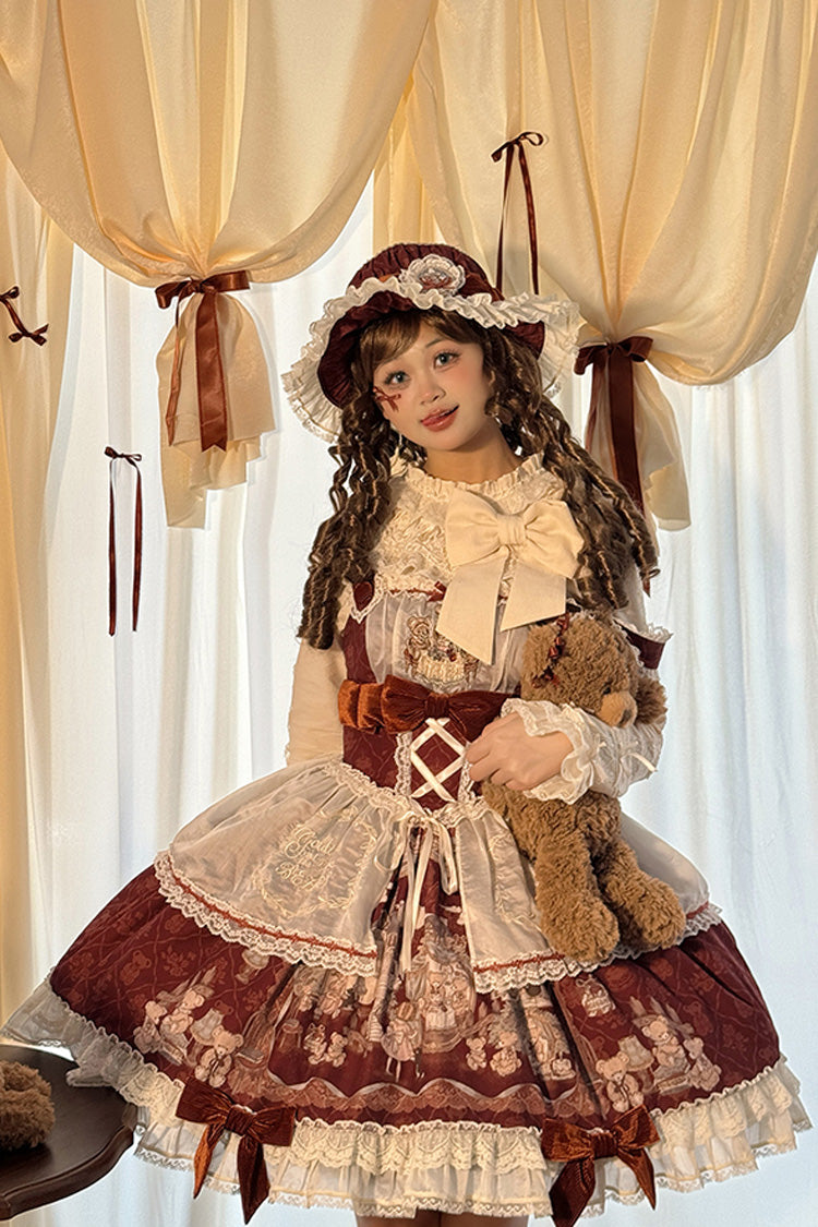 [Castle Bear] Sleeveless Print Ruffle Bowknot Lace Sweet Lolita Jsk Dress 4 Colors