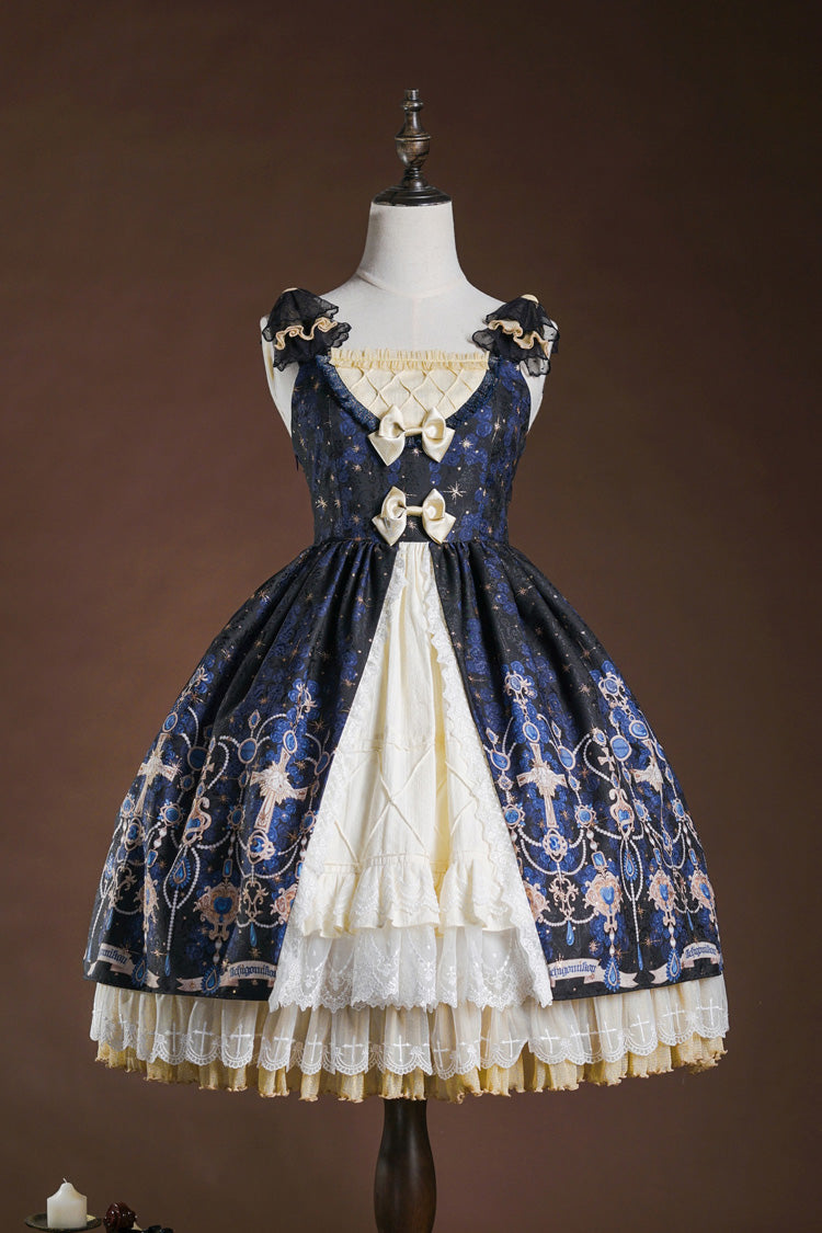 Blue/White [Stone of Eden] Triple-Layered Print Ruffle Hot Stamping Cardigan Bowknot Lace Elegant Sweet Lolita Jsk Dress